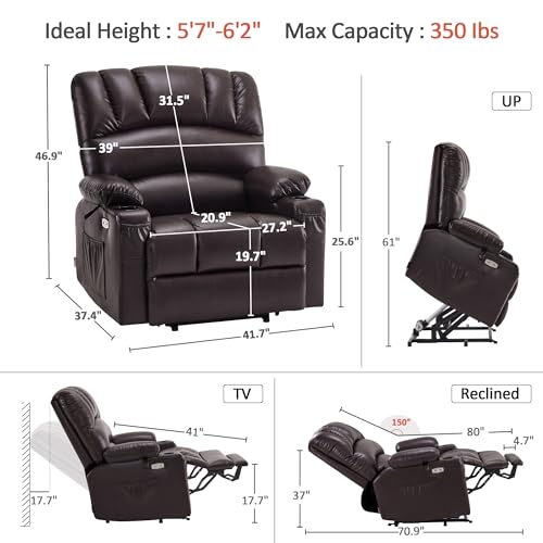 MCombo Oversized Power Lift Recliner Chair for Elderly with Heat and Massage, Faux Leather, Dark Brown N537