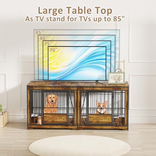 86 in Double Dog Crate Furniture with Divider, Heavy Duty Wooden Kennel for Large Dogs, Brown P52672