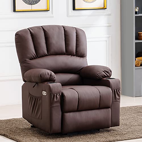 MCombo Oversized Power Lift Recliner Chair for Elderly with Heat and Massage, Faux Leather, Dark Brown N537