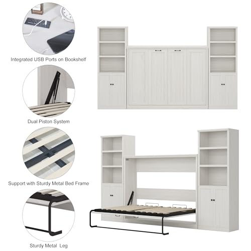 Merax Twin Murphy Bed with Storage Bookshelf and USB Charging, Rustic White U191604