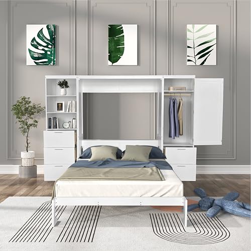 Queen Size Murphy Bed with Desk & Charging Station, White K505073