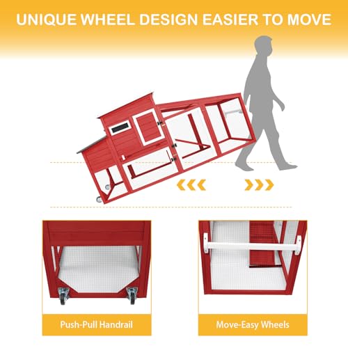 78" Wooden Chicken Coop with Nesting Wheels, Outdoor Hen House, White/Red C20684