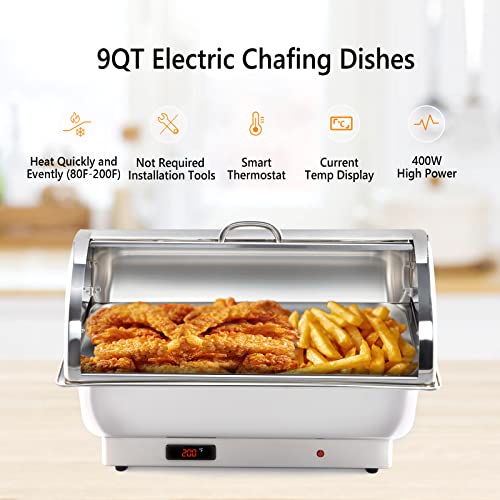 ROVSUN Electric 9 QT Stainless Steel Chafing Dish Buffet Set with Roll Top and 2 Detachable Food Pans I570249