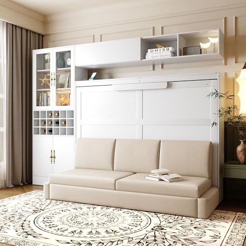 MERITLINE Queen Murphy Bed with Couch and Storage Shelves, LED Light, White J578