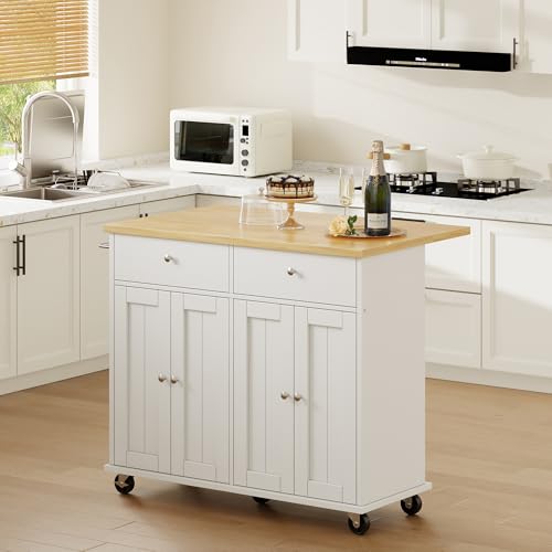 Shintenchi Kitchen Island with Drop Leaf, Rolling Cart with Storage, White T972