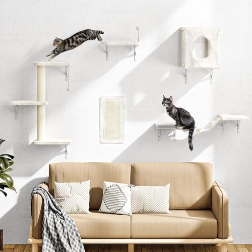NUNU LAB Wall Mounted Cat Furniture, 7 Pcs Cat Wall Shelves with House, Gray T582052