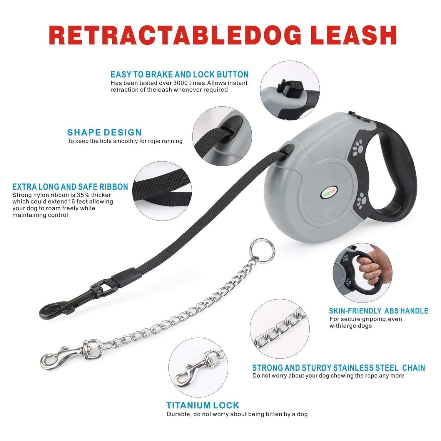 Idepet Heavy Duty Retractable Dog Leash for Small and Medium Dogs, 16ft H4563