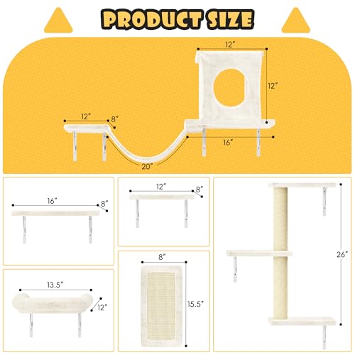 NUNU LAB Wall Mounted Cat Furniture, 7 Pcs Cat Wall Shelves with House, Gray T582052
