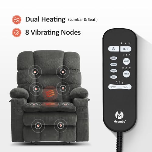 MCombo Large Triple Motor Power Lift Recliner Chair with Massage and Dual Heating, Grey D316