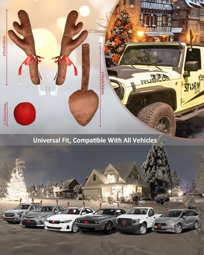 Reindeer Antlers for Cars with Red Nose, Jingle Bells & Tail - Christmas Car Decorations for SUV Truck J432
