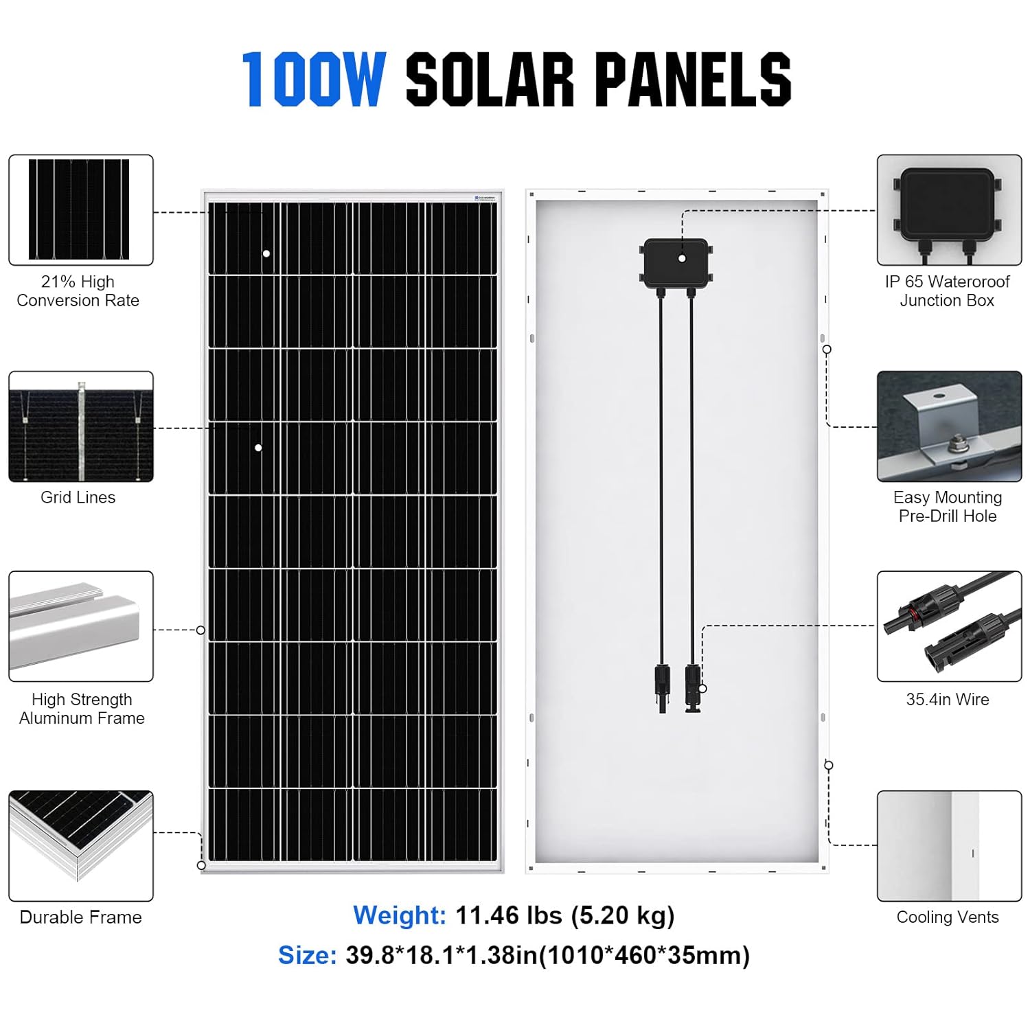 ECO-WORTHY 100 Watt 12 Volt Monocrystalline Solar Panel for RV Marine Boat Off-Grid, 2-Pack G23737