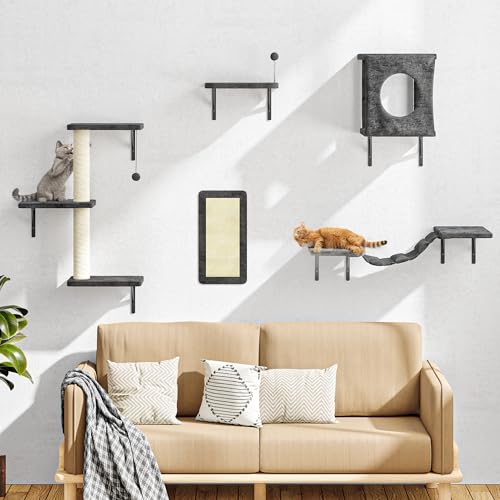 NUNU LAB Wall Mounted Cat Furniture, 7 Pcs Cat Wall Shelves with House, Gray T582052