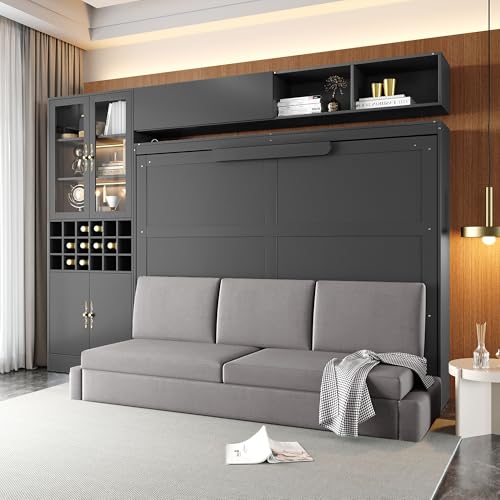 MERITLINE Queen Murphy Bed with Couch and Storage Shelves, LED Light, White J578