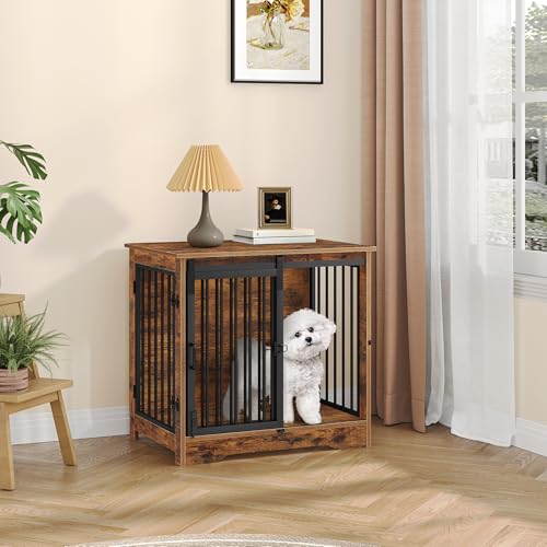Dog Crate Furniture with Barn Door for Small Medium Dogs, Rustic Brown P911