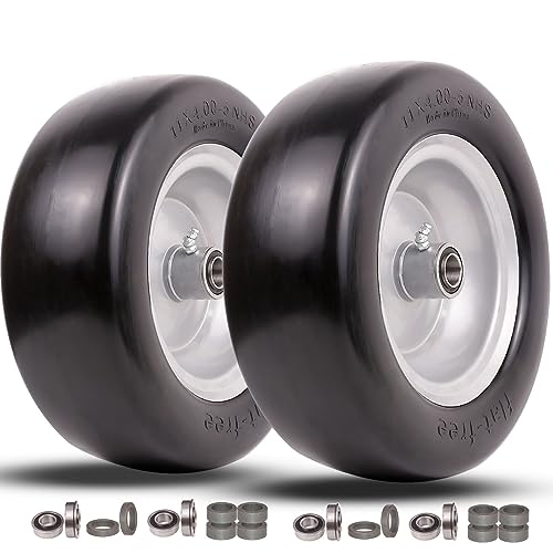 11x4.00-5 lawn mower tires flat free, Solid Smooth Tires and Wheel with 3/4" or 5/8" & 1/2" Precision bearings, 3.4"-5.6" Centered Hub, for Zero-Turn Lawn Mowers, Extra Universal Adapter Kit (2 Pack)