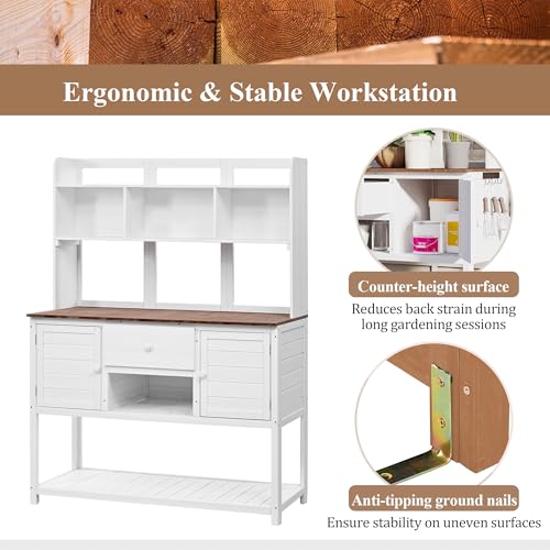 Outdoor Wooden Potting Bench Table with Drawers and Storage Shelves C672480