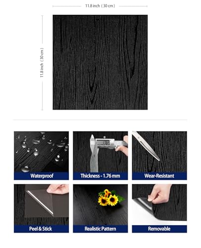 FunStick 17-Pack 6"x36" Peel and Stick Floor Tile Black Wood Vinyl Plank Waterproof S771