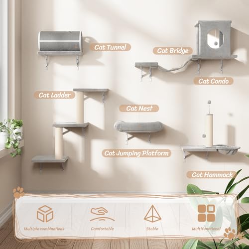 NUNU LAB Wall Mounted Cat Furniture, 7 Pcs Cat Wall Shelves with House, Gray T582052