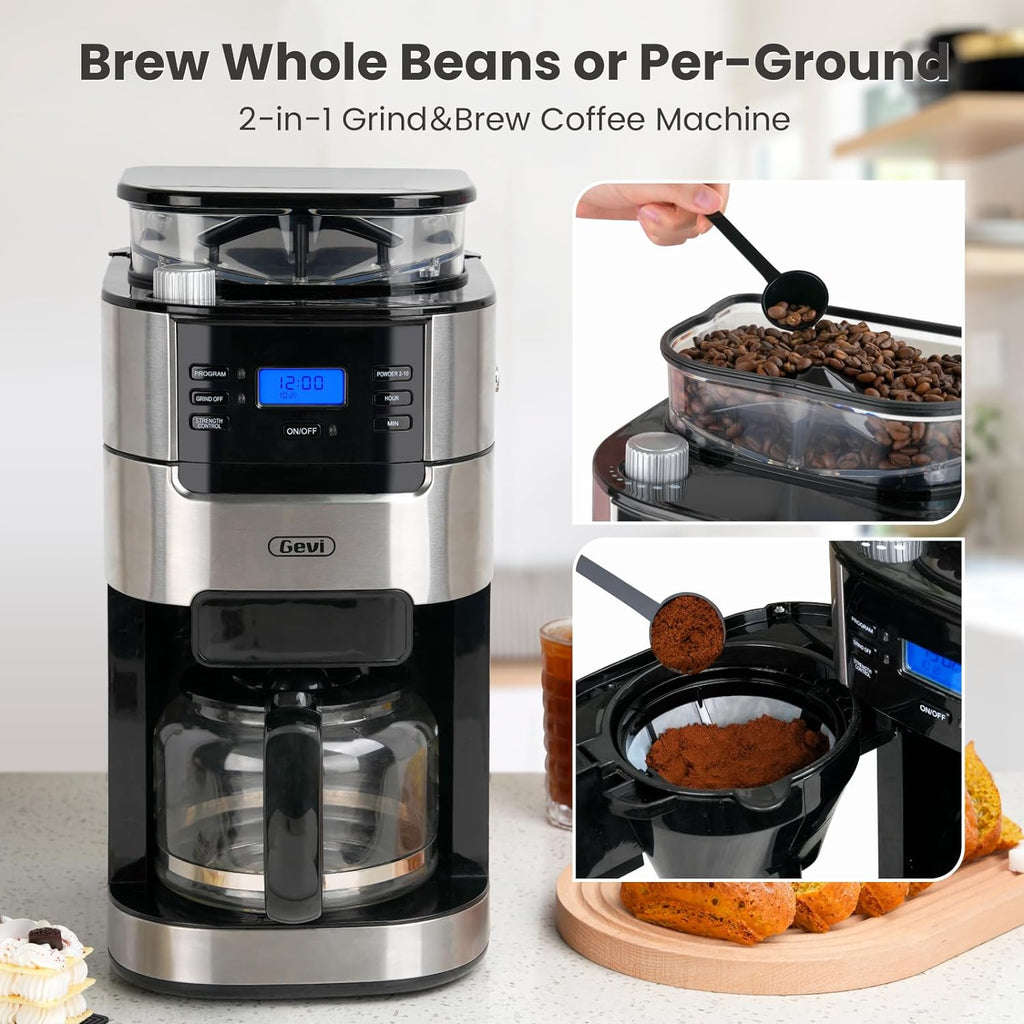 Gevi 10-Cup Drip Coffee Maker with Built-in Grinder and Reusable Filter E4915