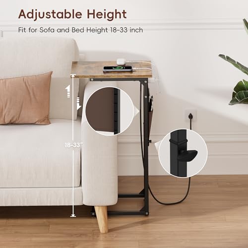 Vagusicc C Shaped End Table with Charging Station, Adjustable Height, Brown C747005