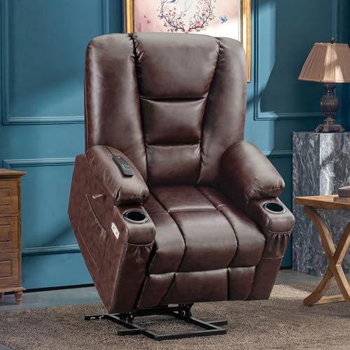 MCombo Small Power Lift Recliner Chair with Massage and Heat, Faux Leather, Dark Brown E441