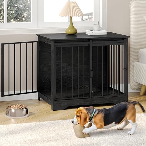 27.2" Dog Crate Furniture with Barn Door, Heavy Duty Dog Kennel Indoor with 2 Doors, Wooden Pet Cage End Table for Small Medium Dogs up to 22 lb, Anti-Chew Anti-Escape, Rustic Brown DFC84301B