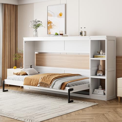 Murphy Cabinet Bed Frame with Charging Station, Full-Size Foldable Wall Bed Z526