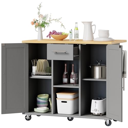 Shintenchi Kitchen Island with Drop Leaf, Rolling Cart with Storage, White T972