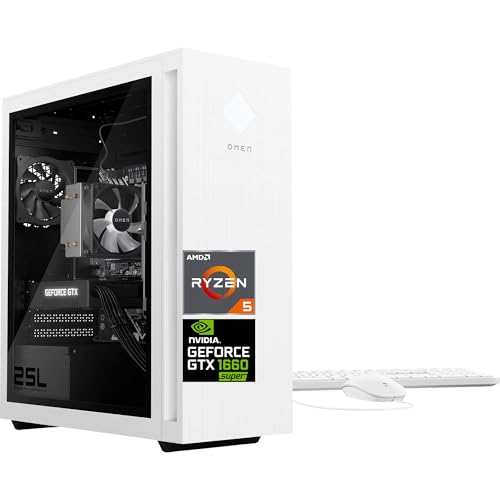 HP OMEN 25L Gaming Desktop PC | AMD Ryzen 5 5600G 6-Core | GeForce GTX 1660 Super | WiFi | HDMI | Display Port | White Lighting CPU Cooler | Windows 11 Home (16GB RAM | 1TB SSD)