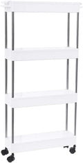 4 Tier Narrow Sliding Storage Organizer Rack - Laundry/Bathroom/Kitchen Rolling Cart (White)