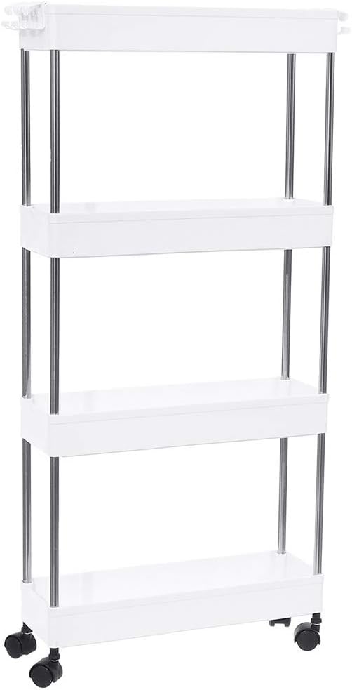 4 Tier Narrow Sliding Storage Organizer Rack - Laundry/Bathroom/Kitchen Rolling Cart (White)