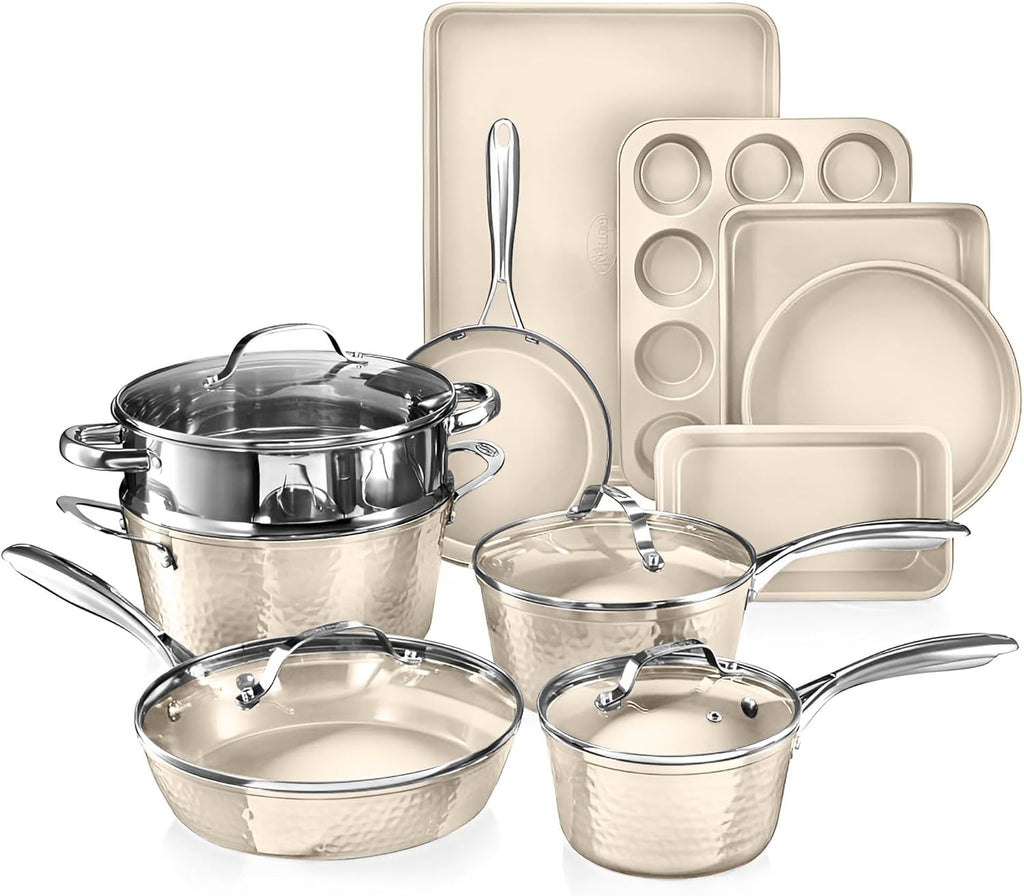 Gotham Steel Hammered 15 Piece Pots and Pans Set Non Stick Cookware Set, Pot and Pan Set, Kitchen Cookware Sets, Non Toxic Ceramic Cookware Set, Induction Cookware, Dishwasher Safe, Cream White