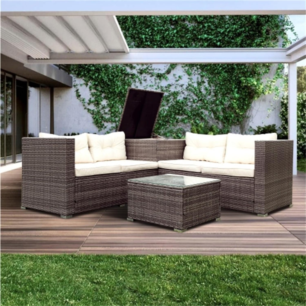 Grey 4-Piece Patio Wicker Rattan Sectional Sofa Set with Storage Box R300209