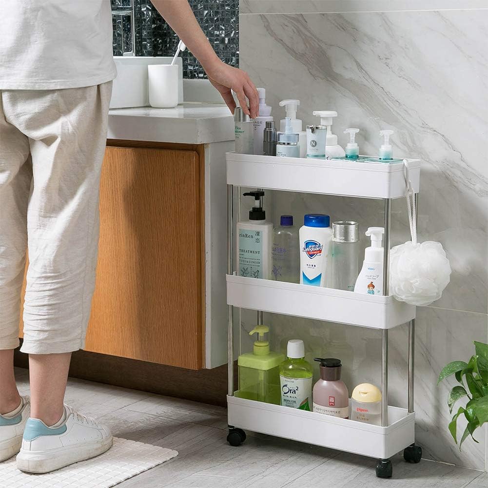 4 Tier Narrow Sliding Storage Organizer Rack Rolling Cart White L318
