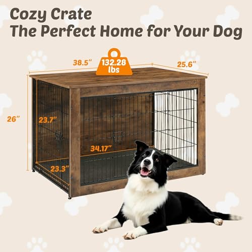 Wooden Dog Crate End Table for Large Indoor Use, Rustic Brown B947201