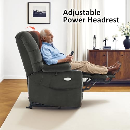 MCombo Large Triple Motor Power Lift Recliner Chair with Massage and Dual Heating, Grey D316