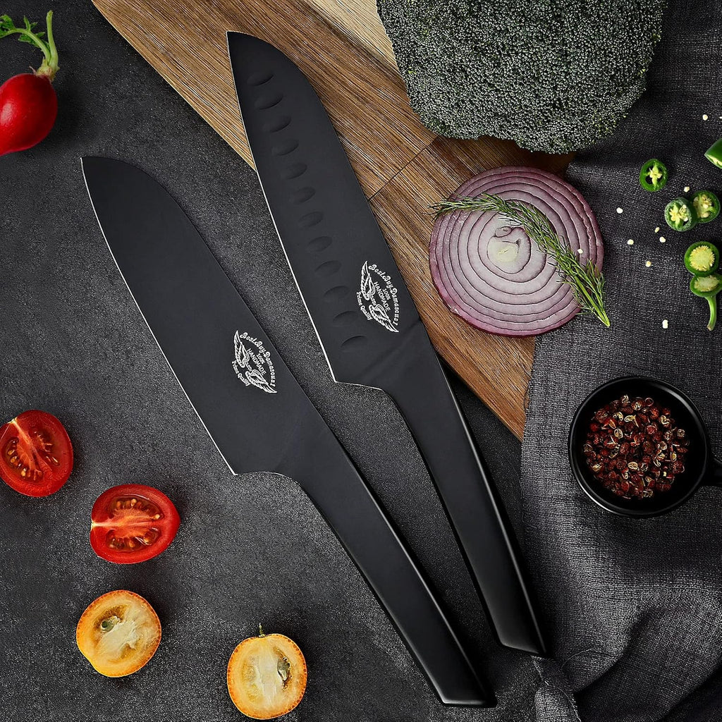 Damascus1 Chef Knife Set with Black Knife Block V9461