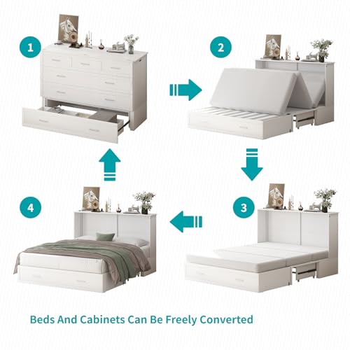 BALUS Murphy Cabinet Bed Queen with Charging Station, Tri-fold Memory Mattress, Storage Drawers, White Y6917