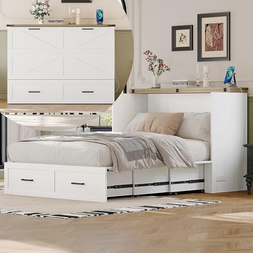 Murphy Cabinet Bed Frame with Charging Station, Full-Size Foldable Wall Bed Z526