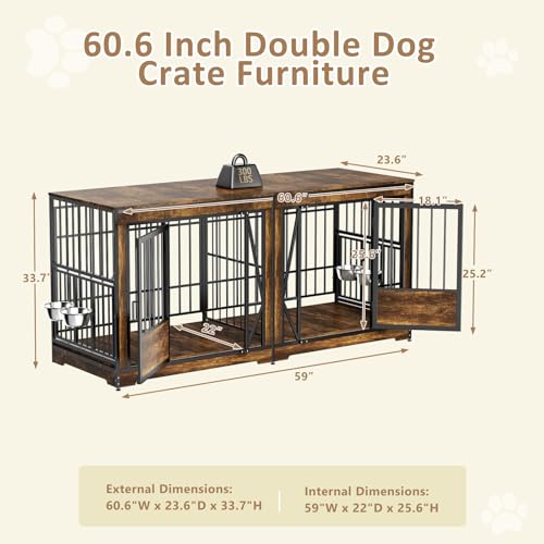 86 in Double Dog Crate Furniture with Divider, Heavy Duty Wooden Kennel for Large Dogs, Brown P52672