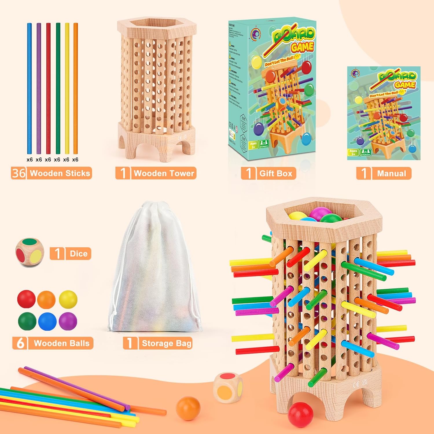 Montessori Board Games for Kids 4-8, 36 Colorful Stick Math Educational Toys Dice Games, Kerplunk Family Game Night M8948
