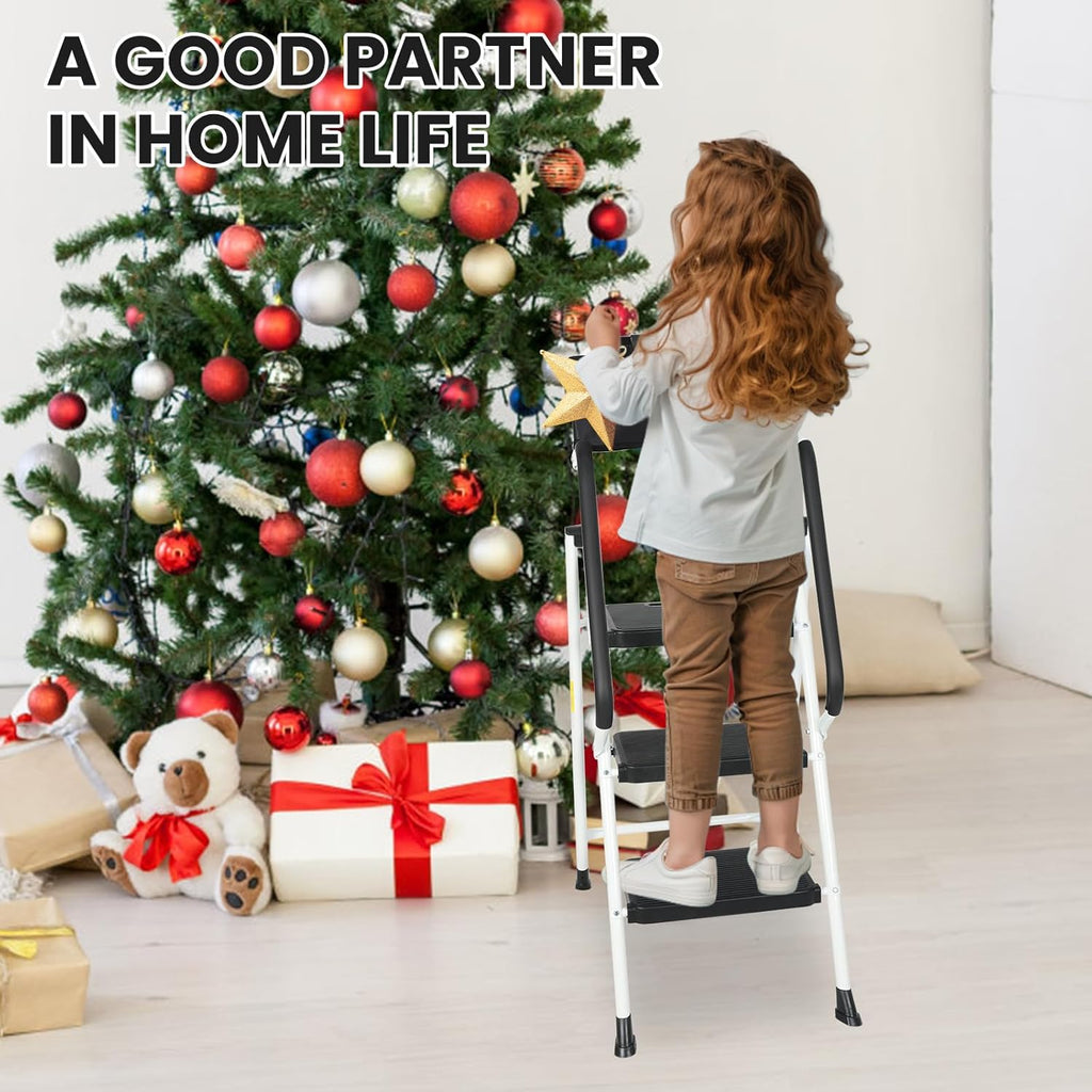 3 Step Ladder with Handrails, Attachable Tool Bag, 500 lbs Capacity, White X59037