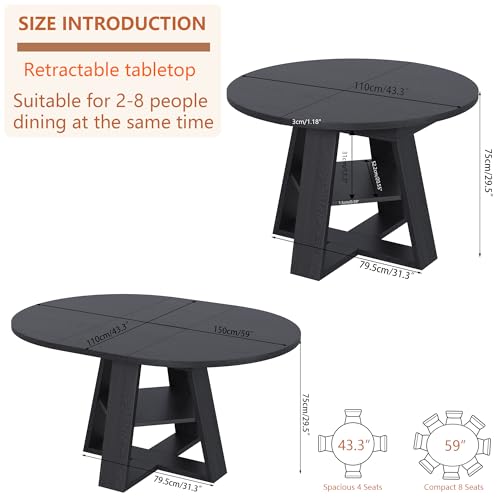 Extendable Round Dining Table for 4-8 with Removable Leaves, Wood Base, Walnut V742