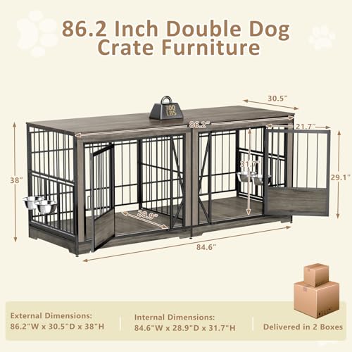 86 in Double Dog Crate Furniture with Divider, Heavy Duty Wooden Kennel for Large Dogs, Brown P52672