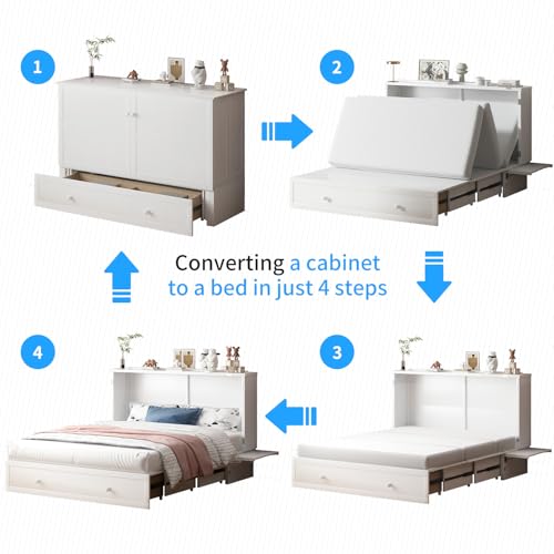 PUREMIND Murphy Bed Cabinet with Mattress, Queen Wallbed with 2 Storage Drawers and USB Charging G406357