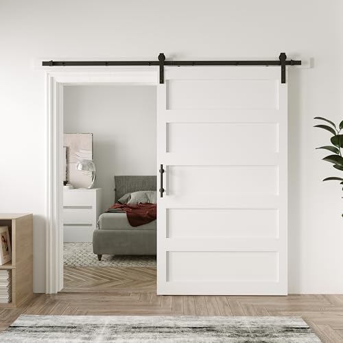 White 5-Panel Solid Sliding Barn Door with Hardware Kit W109
