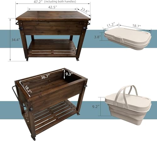 Wooden Patio Cooler Rolling Cart with Wheels, Bottle Opener, 100-Quart A729349