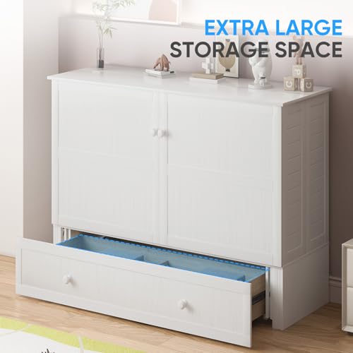 PUREMIND Murphy Bed Cabinet with Mattress, Queen Wallbed with 2 Storage Drawers and USB Charging G406357