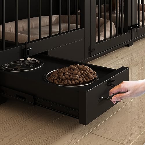 Large Wooden Dog Crate for 2 Dogs with Bowl Drawers, White F986