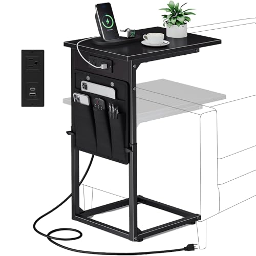 Vagusicc C Shaped End Table with Charging Station, Adjustable Height, Brown C747005